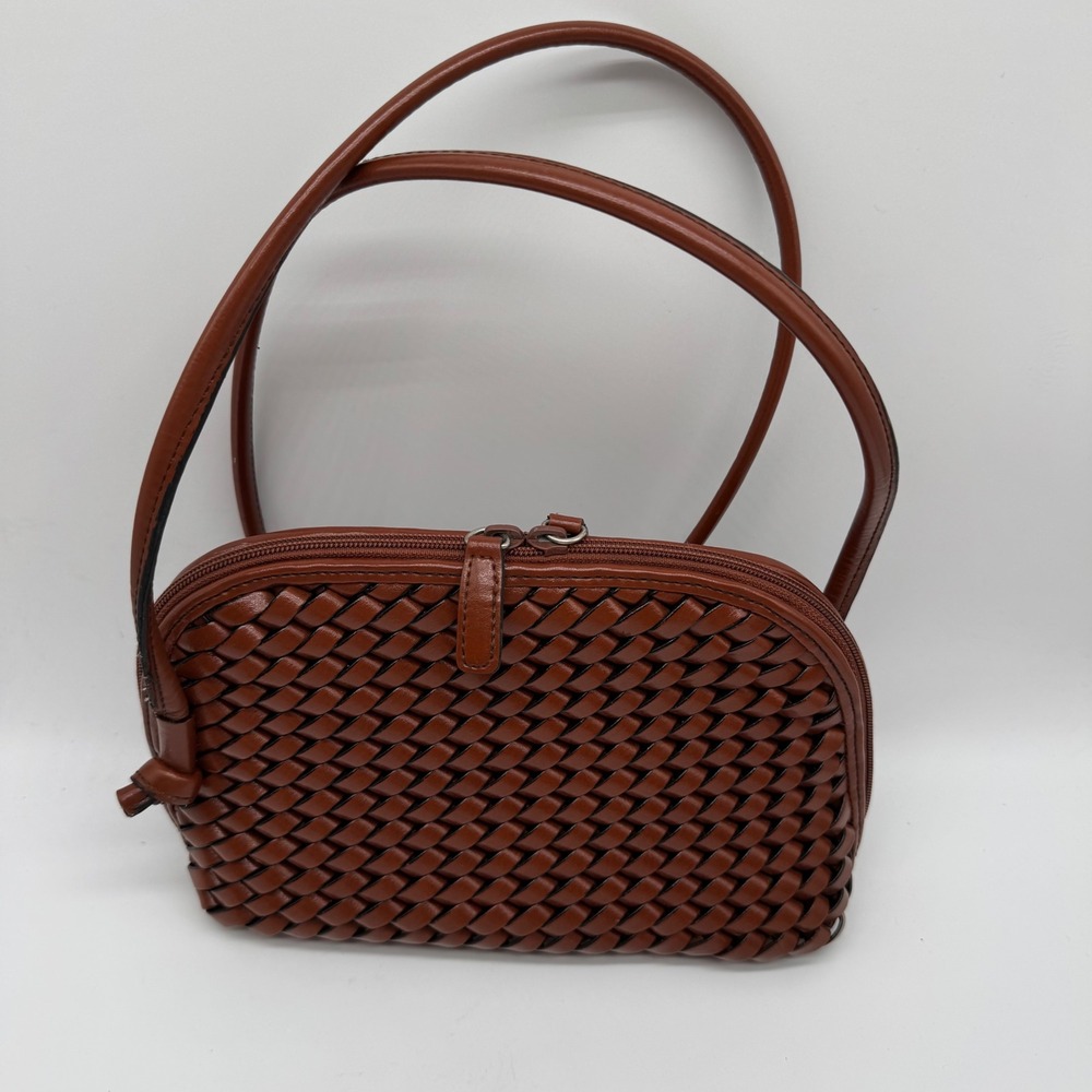 Nine West Cognac Brown Woven Basket Weave Dome Crossbody Camera Bag Purse Fall